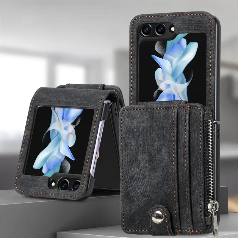 Luxury Card Pocket Wallet Case for Samsung Galaxy Z Flip with blue floral design