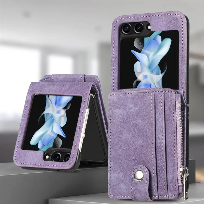 Purple leather card pocket wallet case with floral design for Samsung Galaxy Z Flip Series