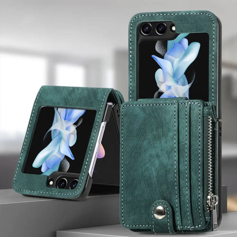 Green leather card pocket wallet case for Samsung Galaxy Z Flip with floral display