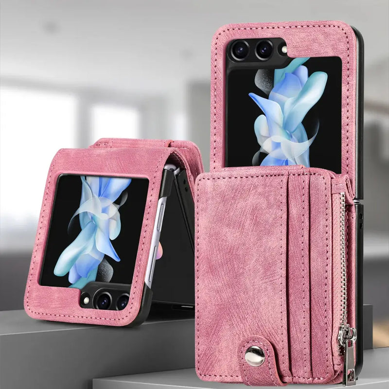 Pink card pocket wallet case for Samsung Galaxy Z Flip with floral display