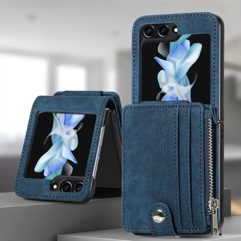 Blue leather wallet case with card pocket and floral design for Samsung Galaxy Z Flip