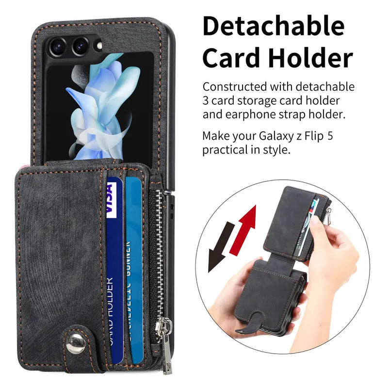 Floral design Luxury Card Pocket Wallet Case for Samsung Galaxy Z Flip with detachable holder