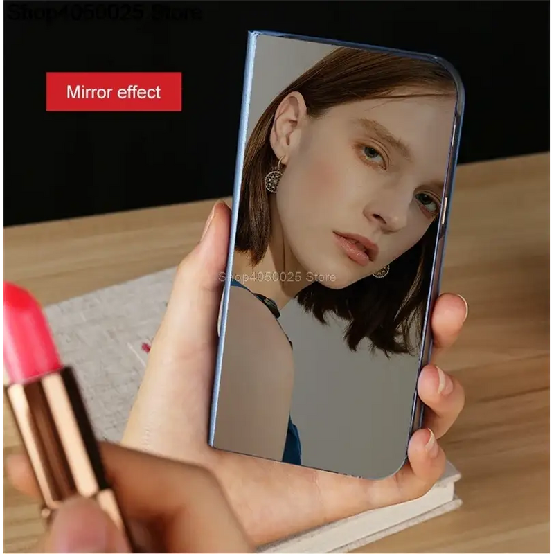 Smartphone in Luxury Flip Cell Phone Case reflecting person’s face and upper body