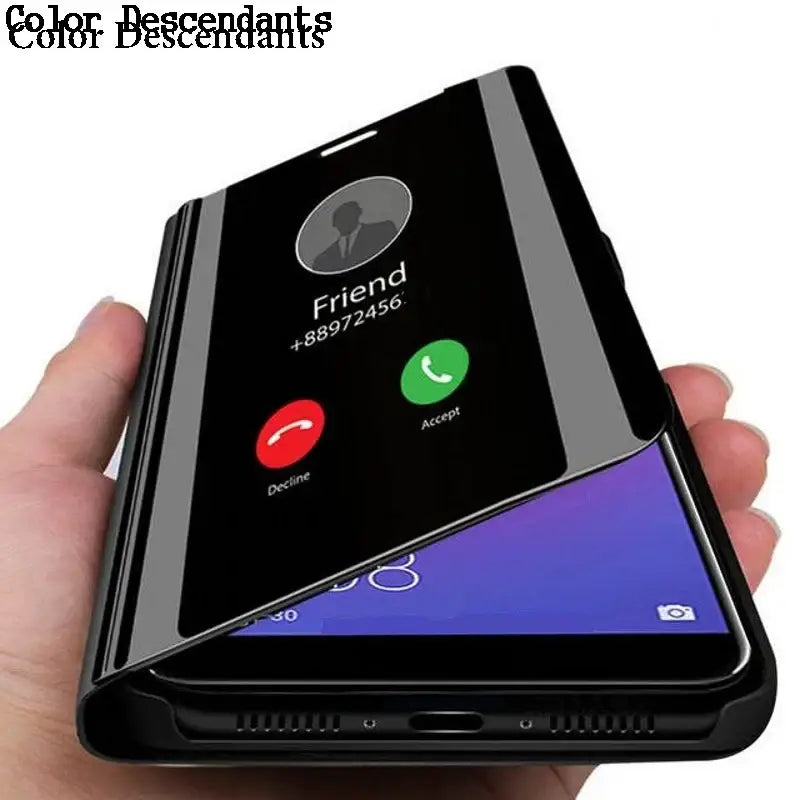 Folding smartphone on reflective surface displaying an incoming call in Luxury Flip Cell Phone Case