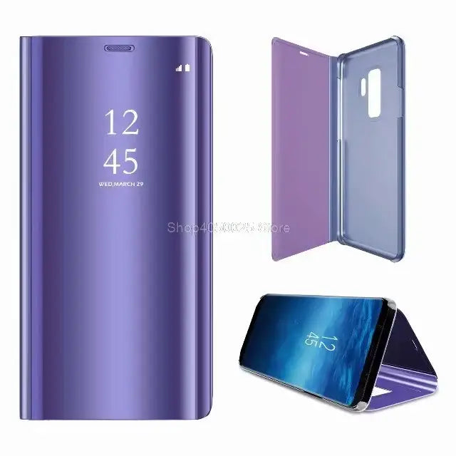 Purple flip cell phone case for Samsung Galaxy J2 Prime with reflective time display