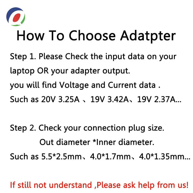 Instructions infographic for choosing a Laptop Adapter Output 19V 3.42A with 5.5mm adapter connector size