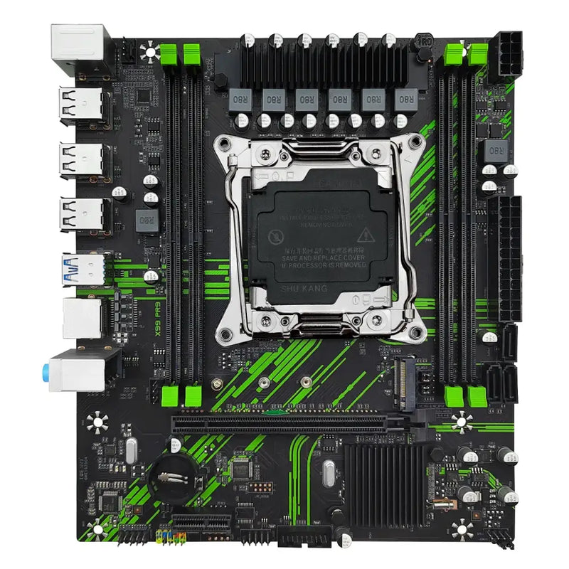 Computer motherboard with green accents and CPU socket for Machinist X99 PR9 performance