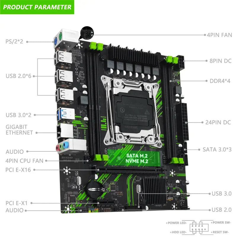 Computer motherboard with labeled components in green and black for Machinist X99 PR9