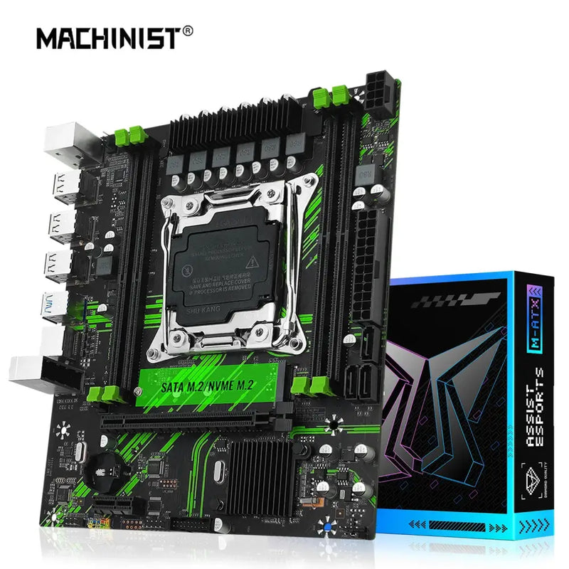 Black and green Machinist X99 PR9 Motherboard showcasing advanced heatsinks and expansion slots