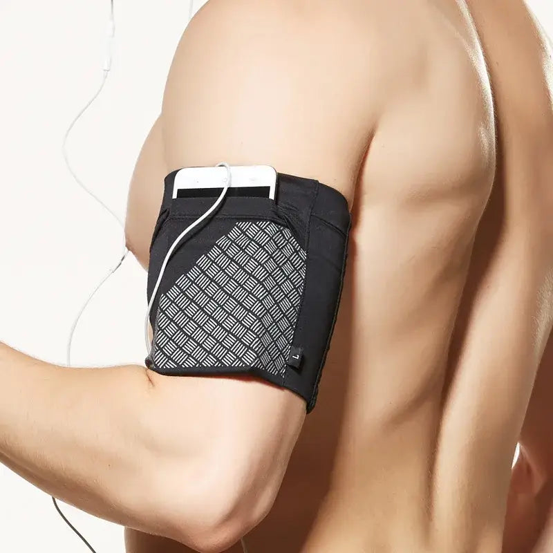 Armband phone holder with mesh pocket and white trim for Macroupta Application Position