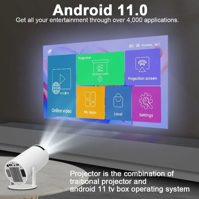 Projector showcasing Android 11.0 interface with colorful apps on Magcubic System 1280x720dpi