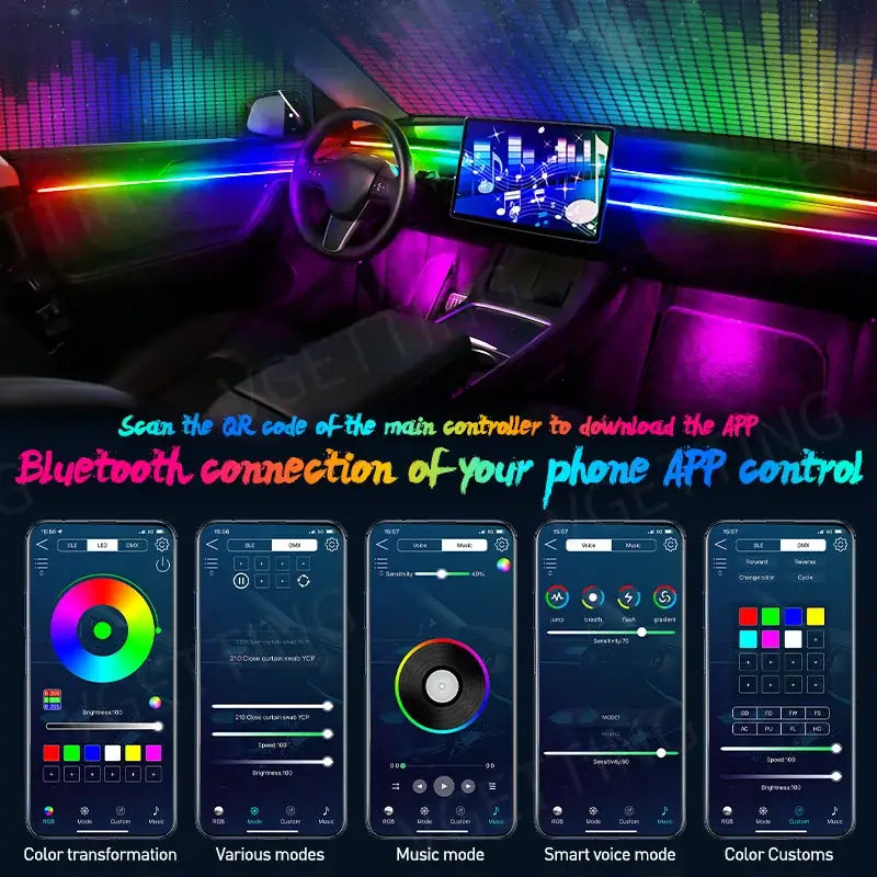 Colorful interior with illuminated dashboard showcasing MAGIC COLORM Atmosphere Lamp features