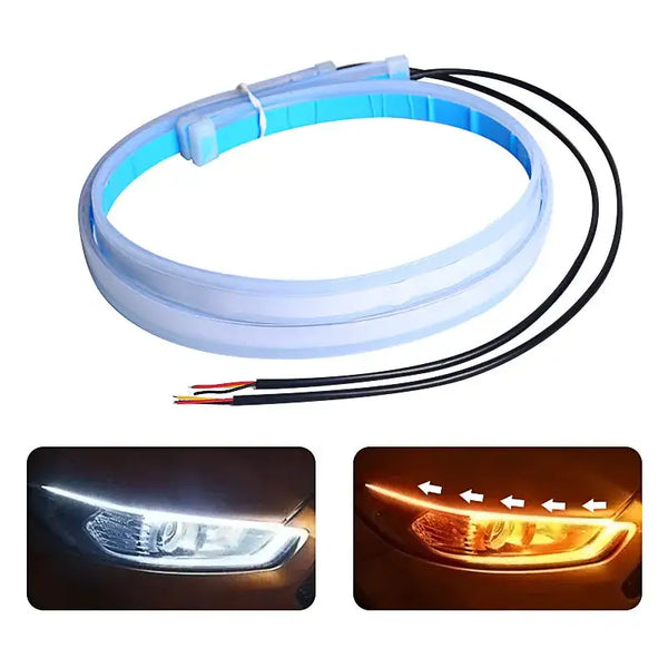 Flexible LED strip light showcasing Magic Colorm Guide with dual-color ice blue yellow functionality