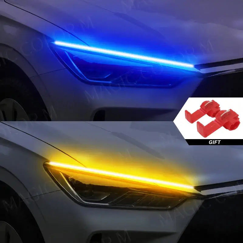 Car headlights with ice blue and yellow LED light strips from Magic Colorm Guide