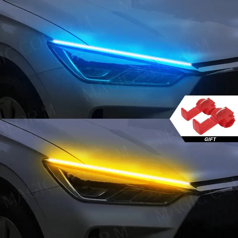 Car headlights featuring blue and yellow LED strips from the Magic Colorm Guide