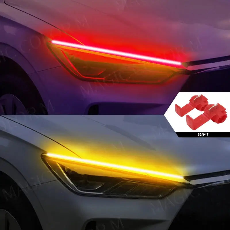 Car headlight featuring Magic Colorm Guide Light with color-changing LED strip technology