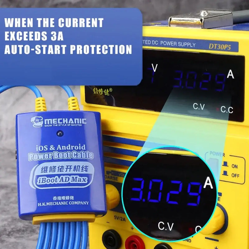 Power supply and multimeter displaying voltage and current for Mechanic iBoot AD Max Pro