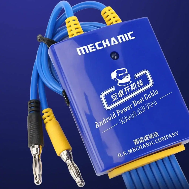 Blue MECHANIC iBoot AD MAX device with yellow and blue cables for Android power boot