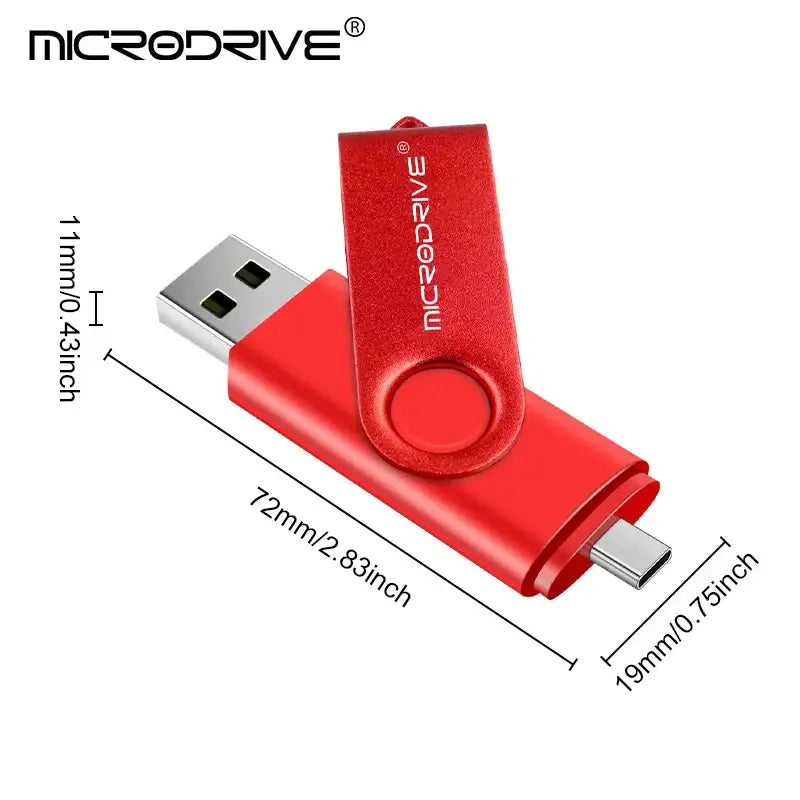 Red USB flash drive with swivel design and dual connectors, MicroDrive CK016G0OTG Flash