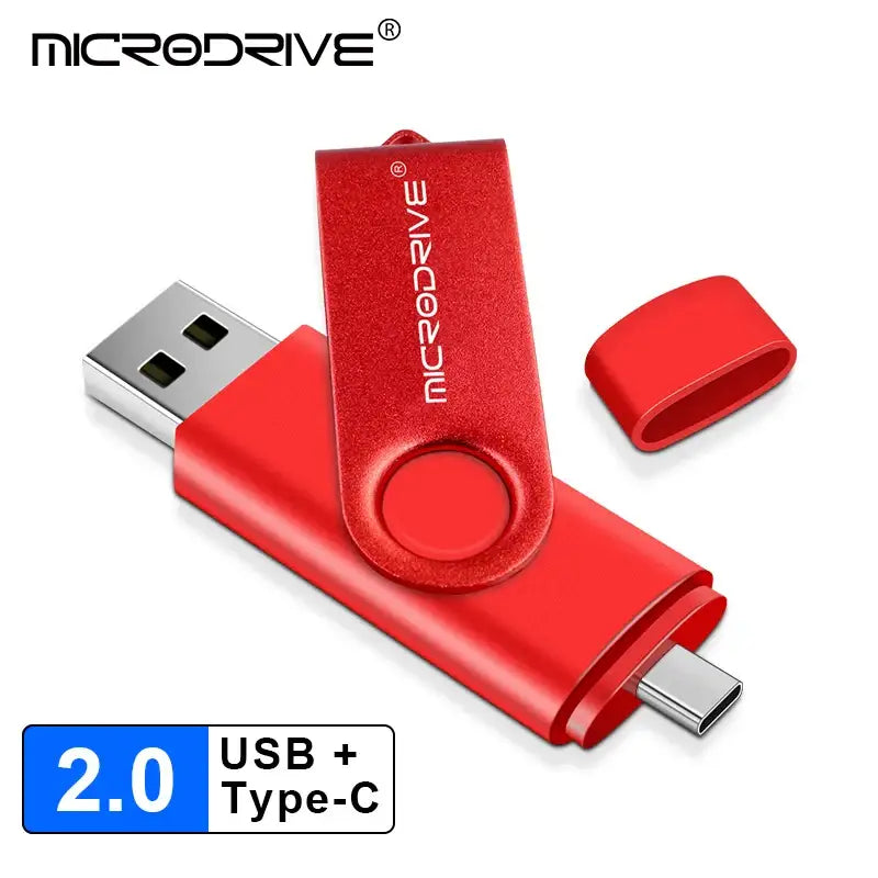 Red USB flash drive with USB-A and USB-C connectors, MicroDrive CK016G0OTG Flash Disk