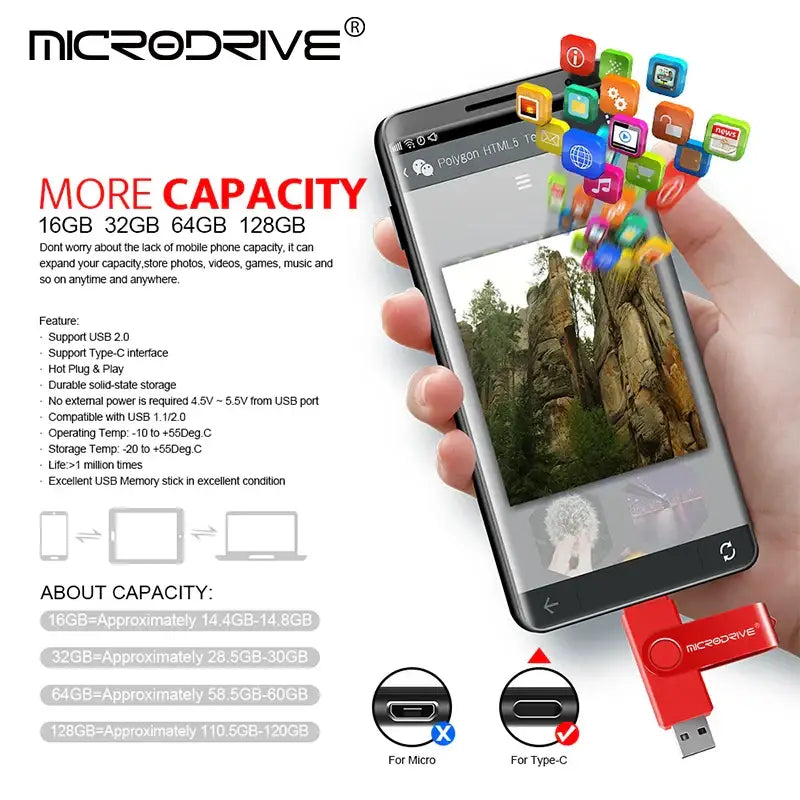 Smartphone showcasing MicroDrive CK016G0OTG Flash Disk with app icons and USB drive