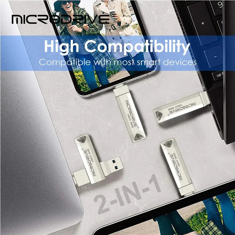 USB flash drives with 2-IN-1 text showcasing MicroDrive HS016G0828 high capacity