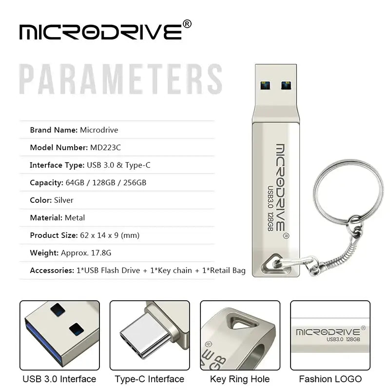 Silver MicroDrive HS016G0828 high capacity flash disk with USB-A, USB-C, and key ring