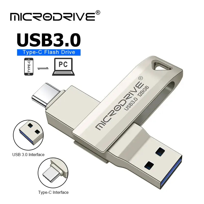 USB flash drive with USB-A and USB-C in metallic silver, MicroDrive HS016G0828 high capacity