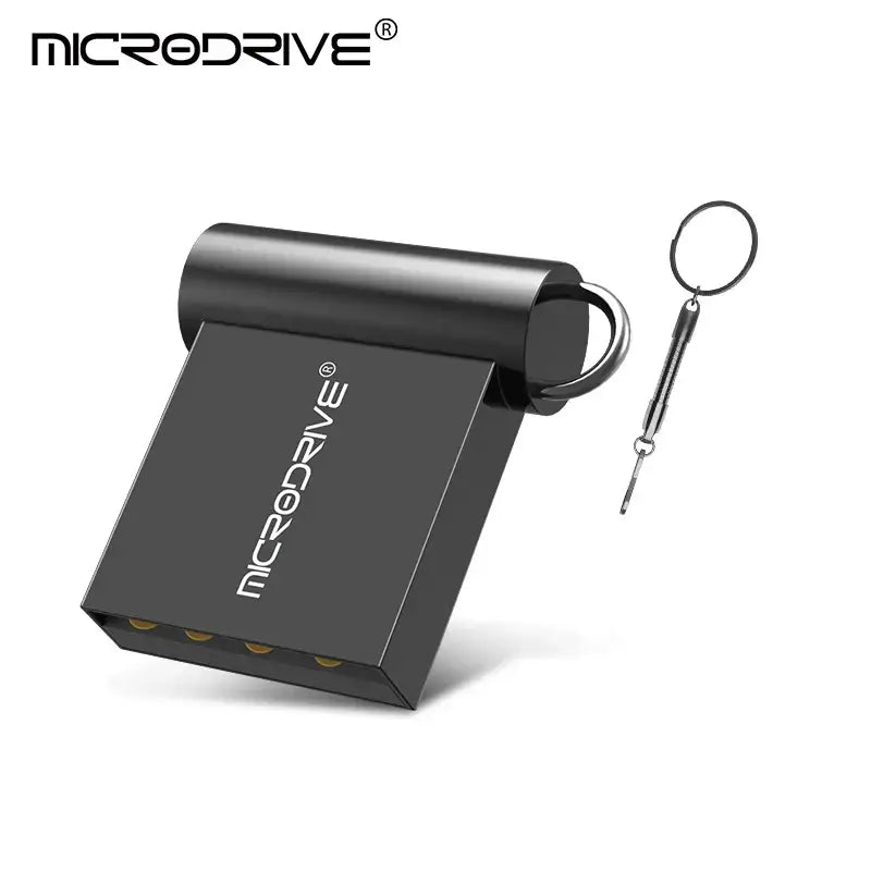 Compact black MicroDrive MG016G1105 Flash Disk with keyring attachment and USB 2.0 interface