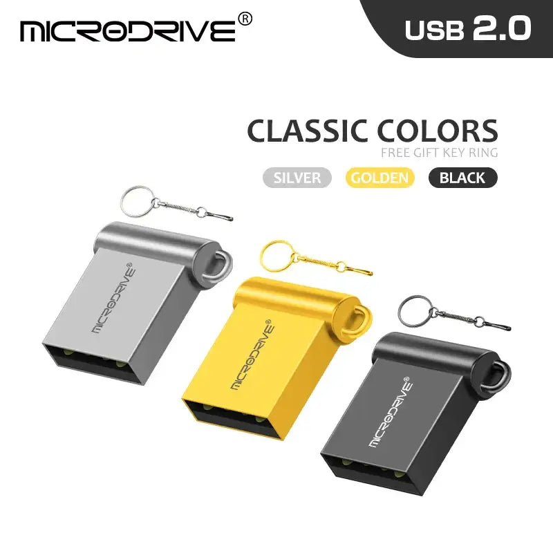 USB flash drives in silver, gold, and black featuring keychain attachments for MicroDrive MG016G1105 Flash Disk