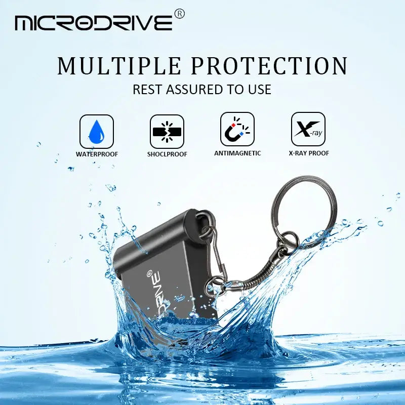 Waterproof MicroDrive MG016G1105 Flash Disk splashing into water showcasing protection features