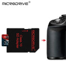 MicroSD memory card with adapter next to camera, showcasing MicroDrive V10 Application Performance