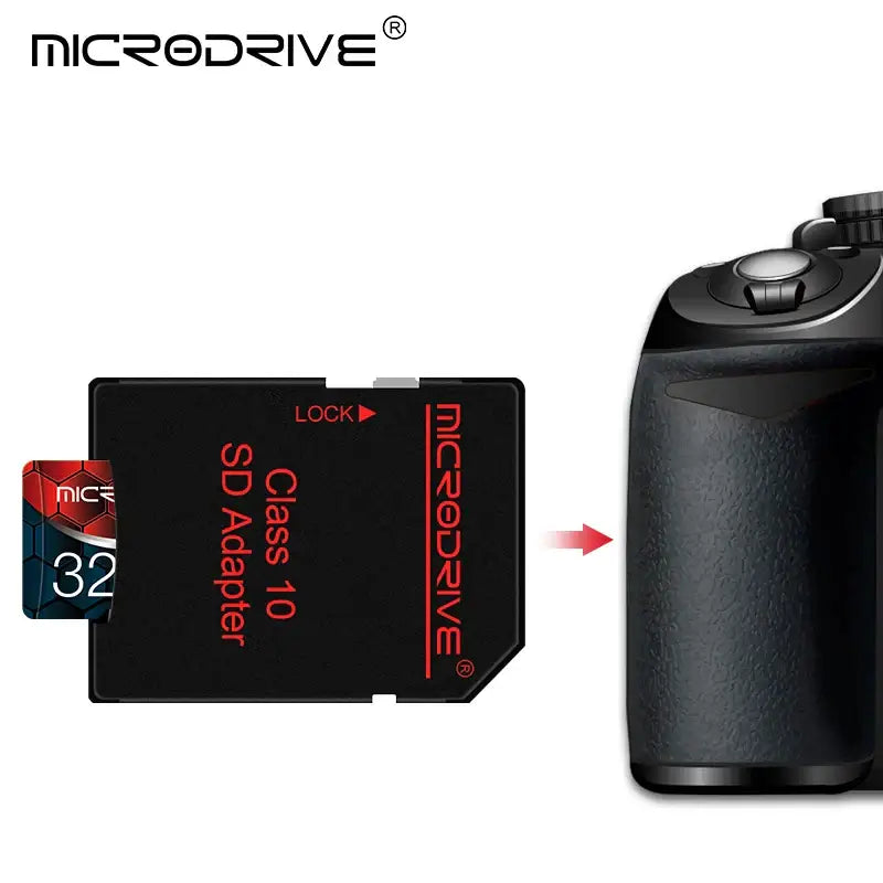 MicroSD memory card with adapter next to camera, showcasing MicroDrive V10 Application Performance