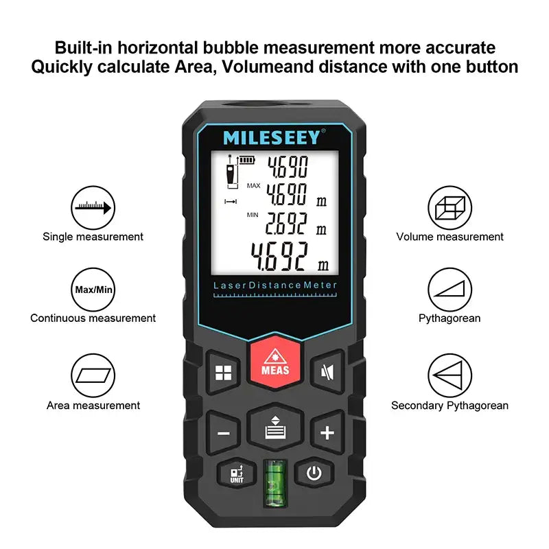 Digital laser distance meter MiLESEEY X5 Laser with FCC model number and functions