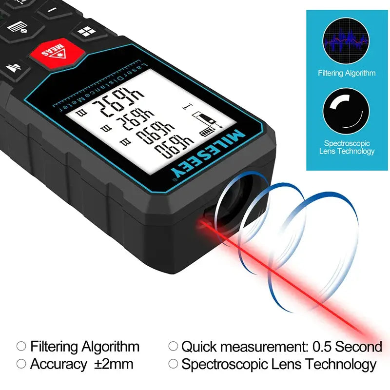 Handheld MiLESEEY X5 Laser distance meter with digital display and FCC model number, Mainland China