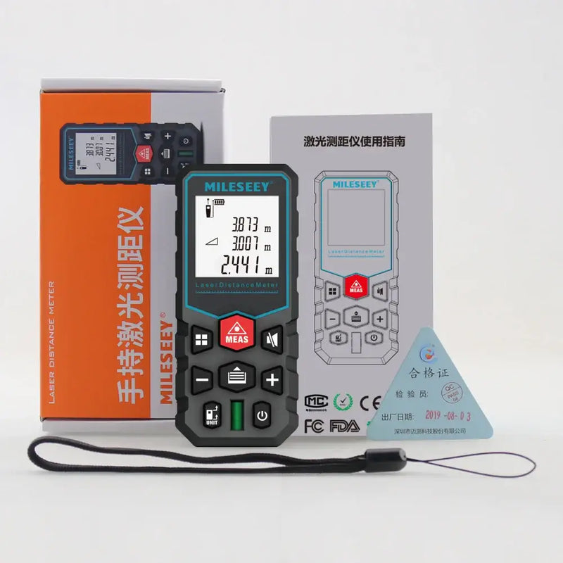 Handheld MiLESEEY X5 Laser Distance Meter with digital display and FCC Model Number