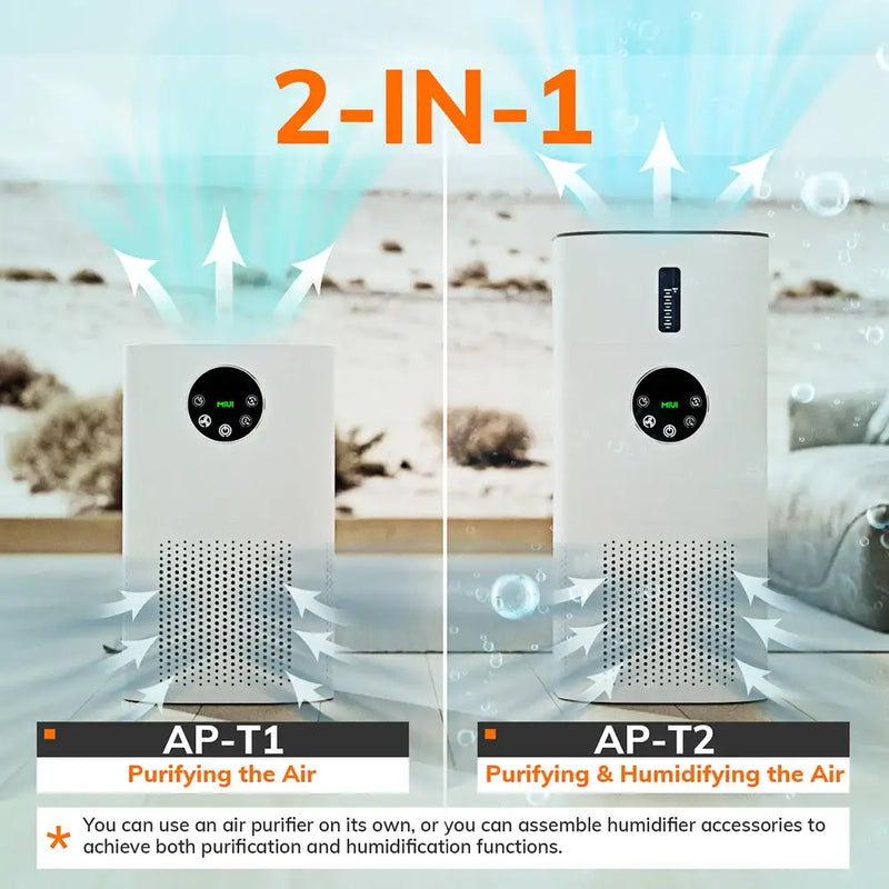 Air purifier with optional humidifier, MIUI Air Volume showcasing removal rate 51-150m³/H