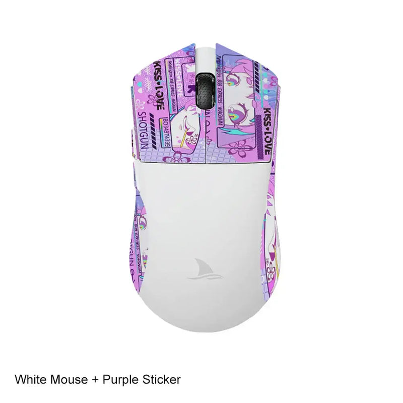 Computer mouse featuring a purple and pink anime-style sticker on Motospeed Darmoshark M3 Bluetooth Wireless Gaming Mouse