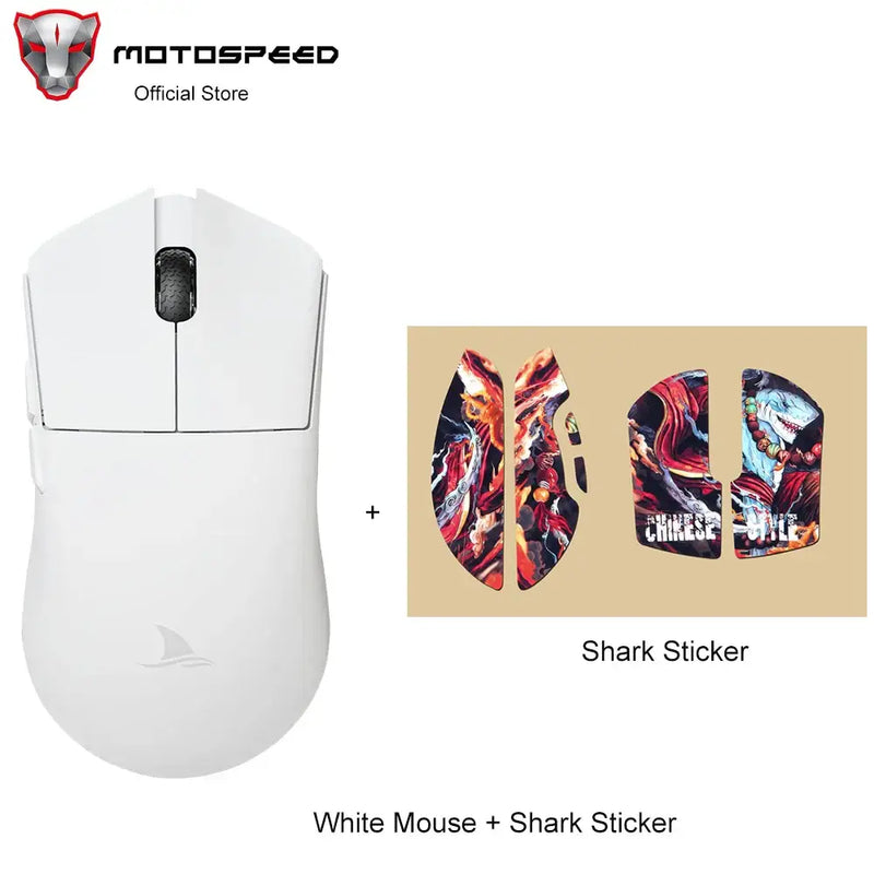 White Motospeed Darmoshark M3 Bluetooth Wireless Gaming Mouse with colorful shark stickers