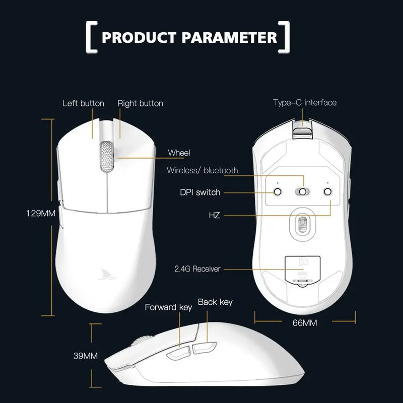 Wireless gaming mouse with labeled parts and views for Motospeed Darmoshark M3 Bluetooth