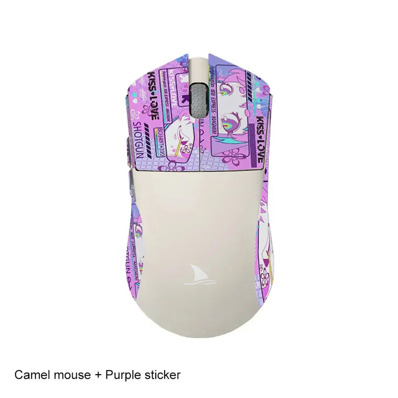 Computer mouse with purple and pink anime stickers, Motospeed Darmoshark M3 Bluetooth Wireless Gaming