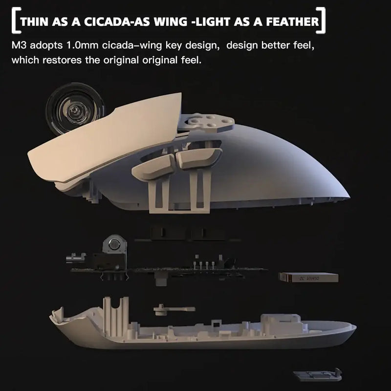 Exploded view of Motospeed Darmoshark M3 Bluetooth Wireless Gaming Mouse with cicada wing design