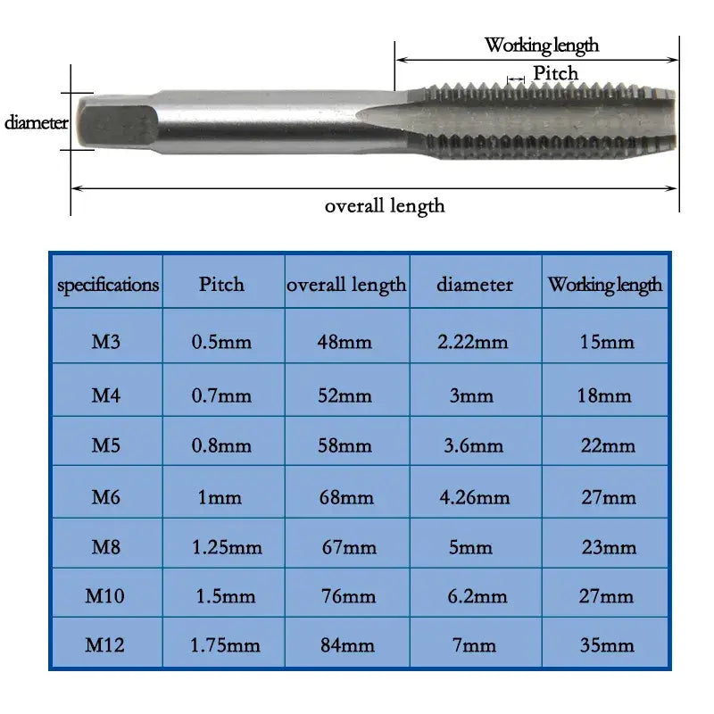 Machine Tap with Dimensions and Specs for Mr Drill Tap Wrench Set in Tool Steel