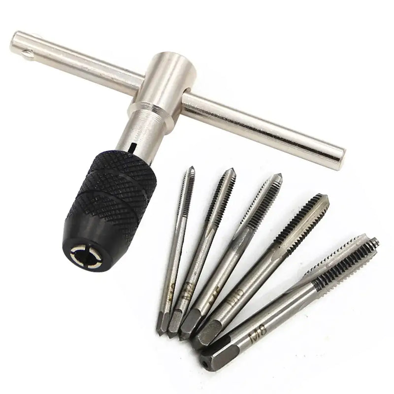 T-handle tap wrench with machine screw taps in Mr Drill Tap Wrench Set, durable tool steel