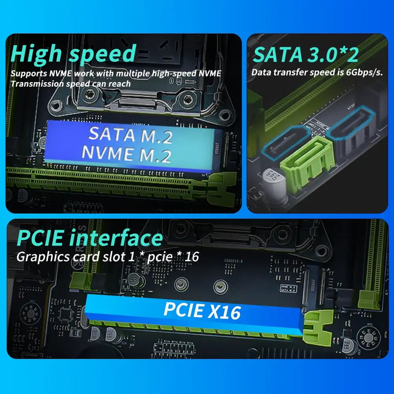 MUCAI X99 P4 Motherboard displays high-speed interfaces and connectors, supports Intel Xeon