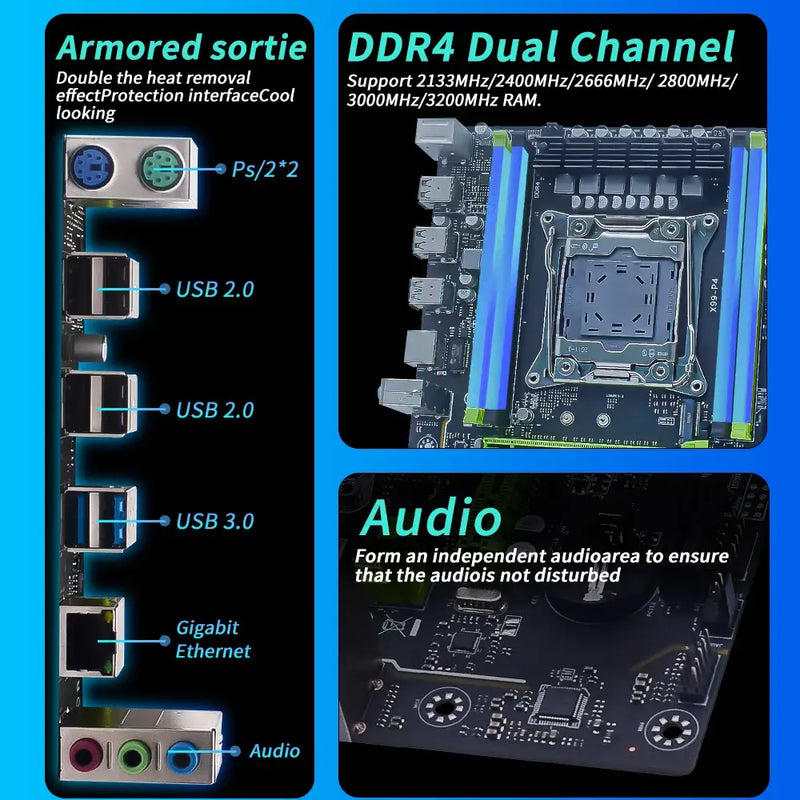 MUCAI X99 P4 Motherboard with labeled ports, RAM slots, and audio components supports Intel Xeon