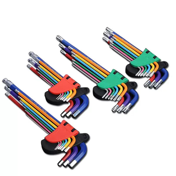 Colorful hex key set with plastic holders featuring PIPES Chromium-Vanadium Hex design