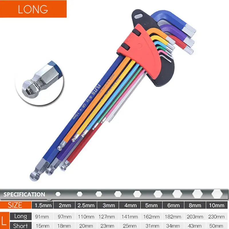 Colorful hex key set featuring Pipes Chromium-Vanadium hex wrenches in various sizes