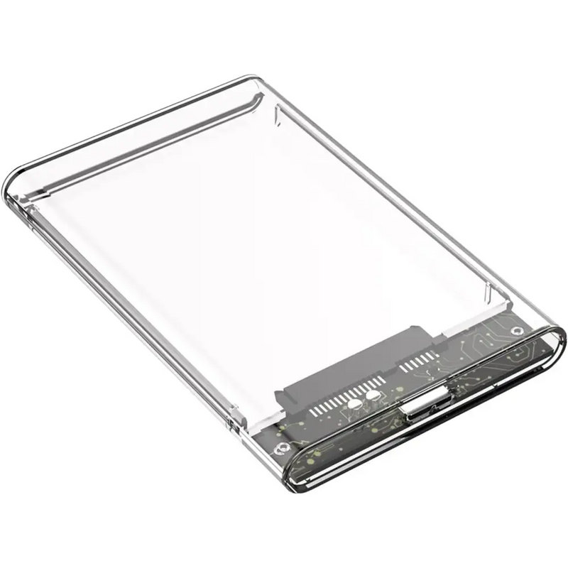 Transparent Ninth World Origin hard drive enclosure showcasing internal components from Mainland China