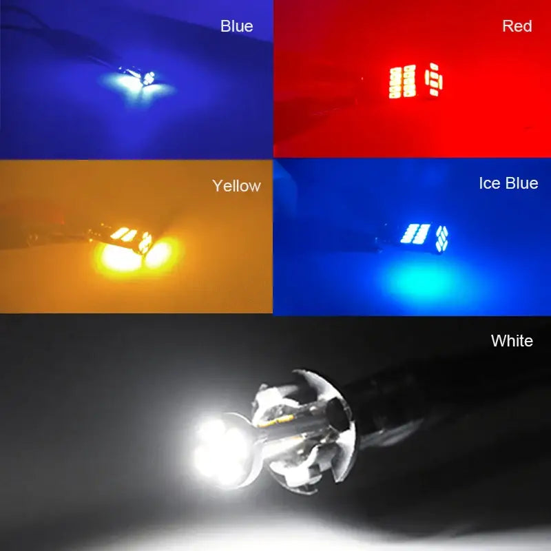 LED light bulb showcasing NLpearl W5W T10 in various color temperatures and effects